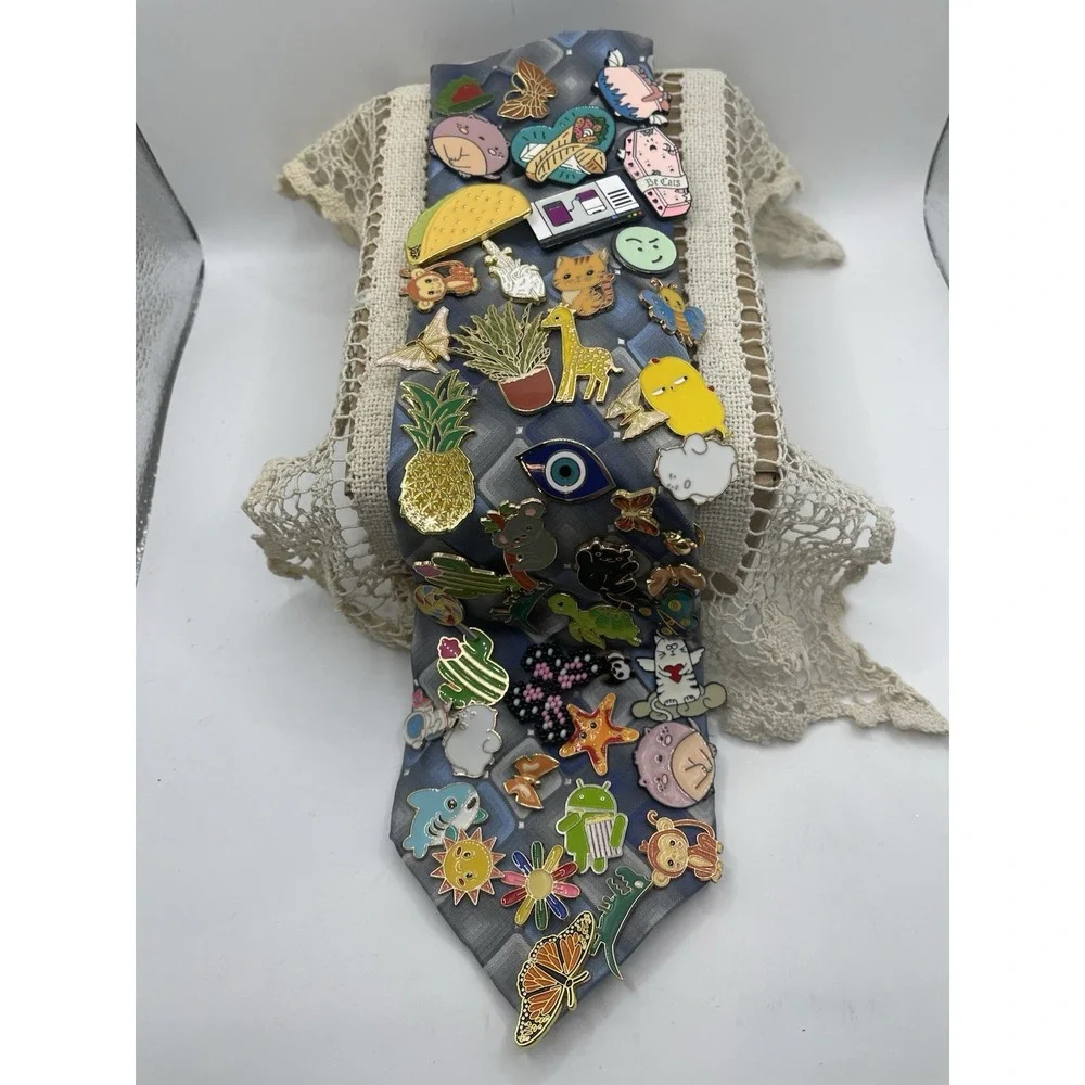 Huge Lot of 40+ Enamel Lapel Pins‎ on Blue Geometric Necktie Animal Food Quirky